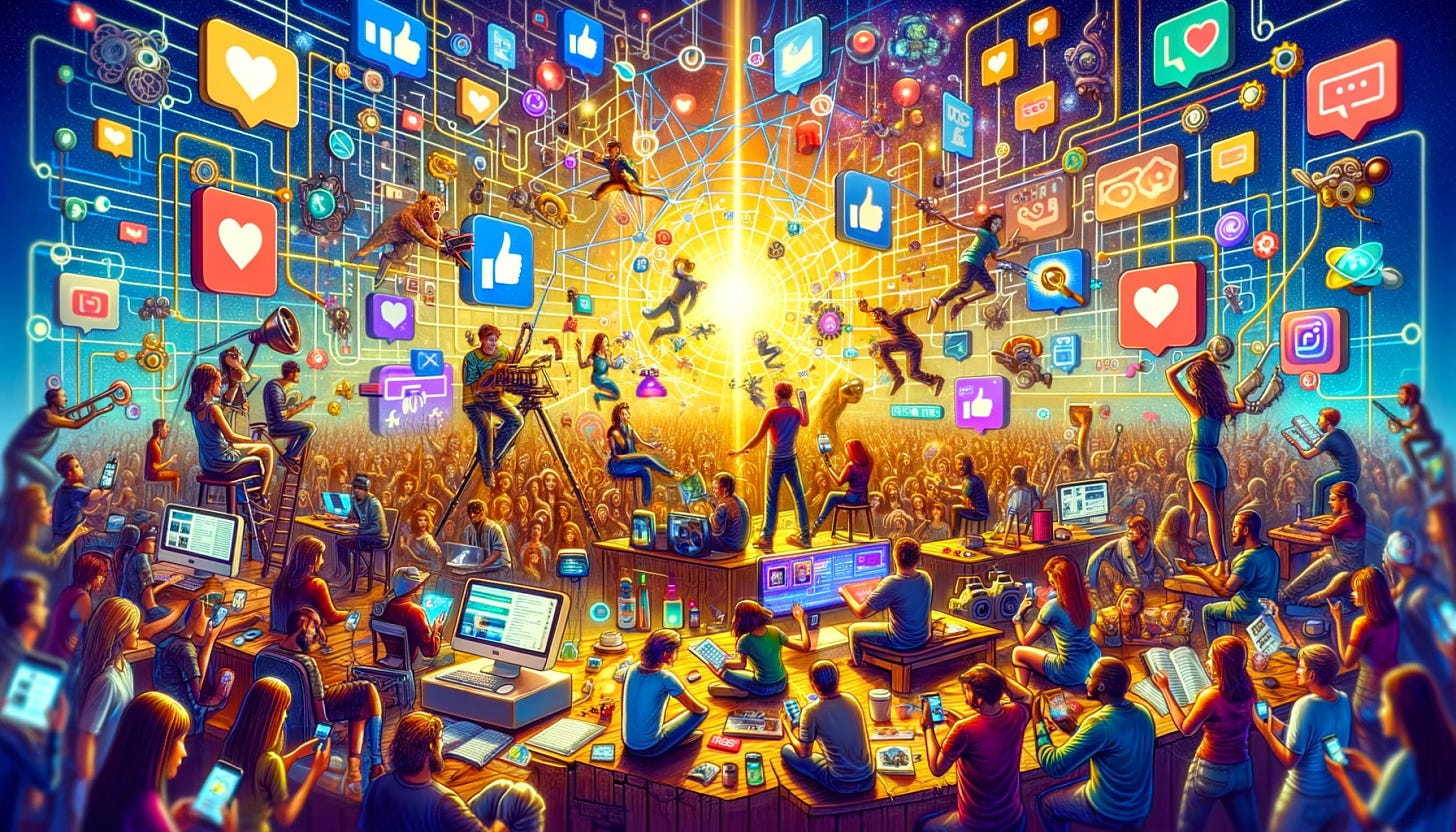 A vibrant, wide image that captures the essence of the creator economy and fandoms in 2024. The scene features a diverse group of content creators from various domains such as vlogging, podcasting, digital art, and music production, engaged in their creative processes. They are surrounded by symbols of digital engagement like likes, comments, and shares, illustrating the interactive relationship with their global audience. This digital community space is bustling with activity, highlighting the collaboration, support, and enthusiasm of fans who are integral to the creator economy. The background is filled with a network of connected devices and platforms, representing the interconnected nature of social media and content platforms that fuel this vibrant ecosystem.