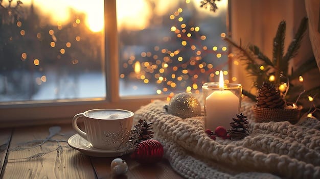 Cozy winter scene with a cup of coffee a candle and Christmas decorations |  Premium AI-generated image