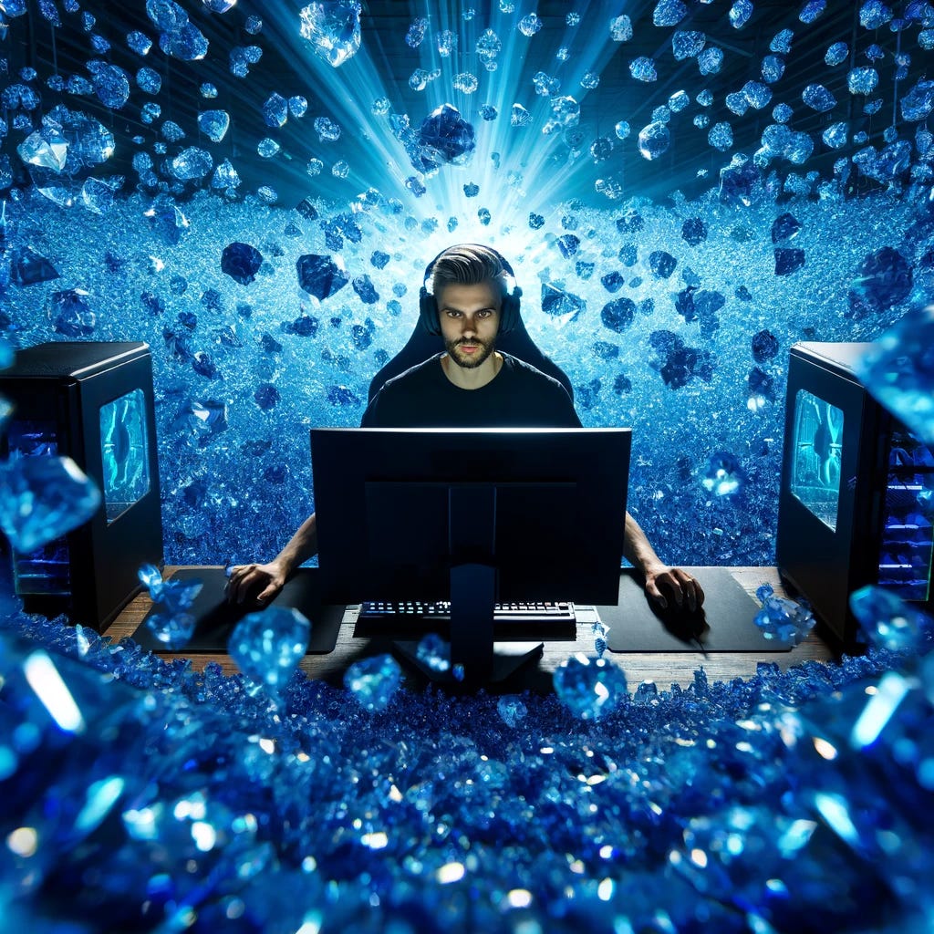 A front-facing computer gamer influencer is centrally framed in the middle of the image, surrounded by an overwhelming and overflowing amount of blue diamond shards, symbolizing immense success and earnings. The gamer, seated at a high-tech gaming setup, is intently focused on the screen. The room is almost flooded with countless shimmering blue diamond shards that reflect the light, creating a mesmerizing and dazzling effect. The image conveys the concept of abundant rewards and success in the gaming world.