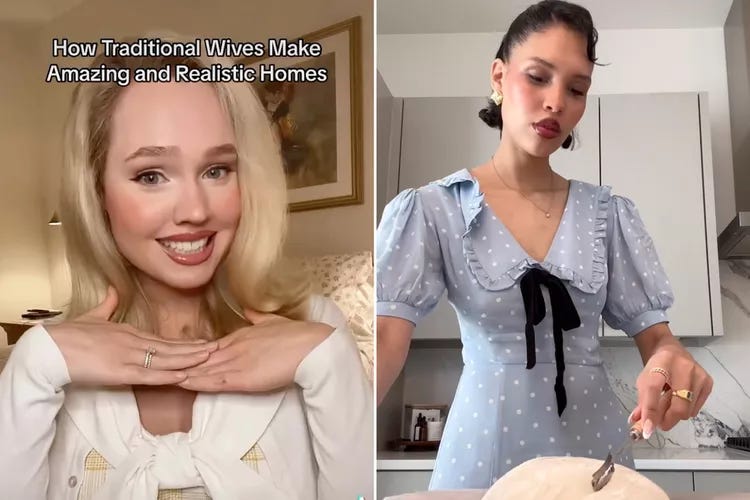 On the left: a highly made-up white blonde woman. Caption: "How Traditional Wives make amazing and realistic homes." On the right, a white brunette woman in an old-fashioned blue dress scoring a loaf of bread.