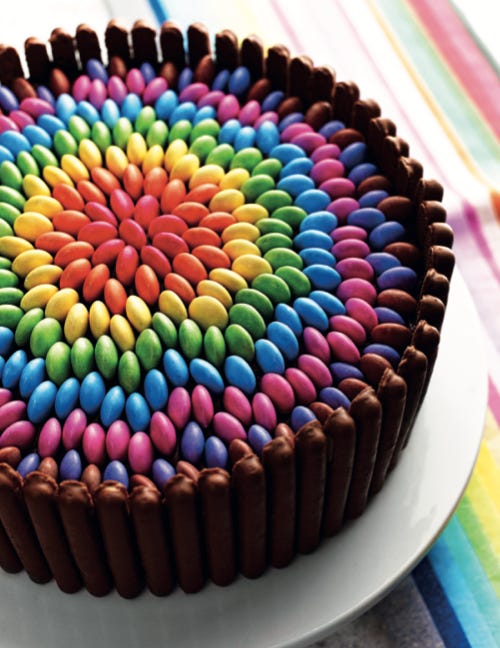 Cake decorated with colourful smarties on the top.