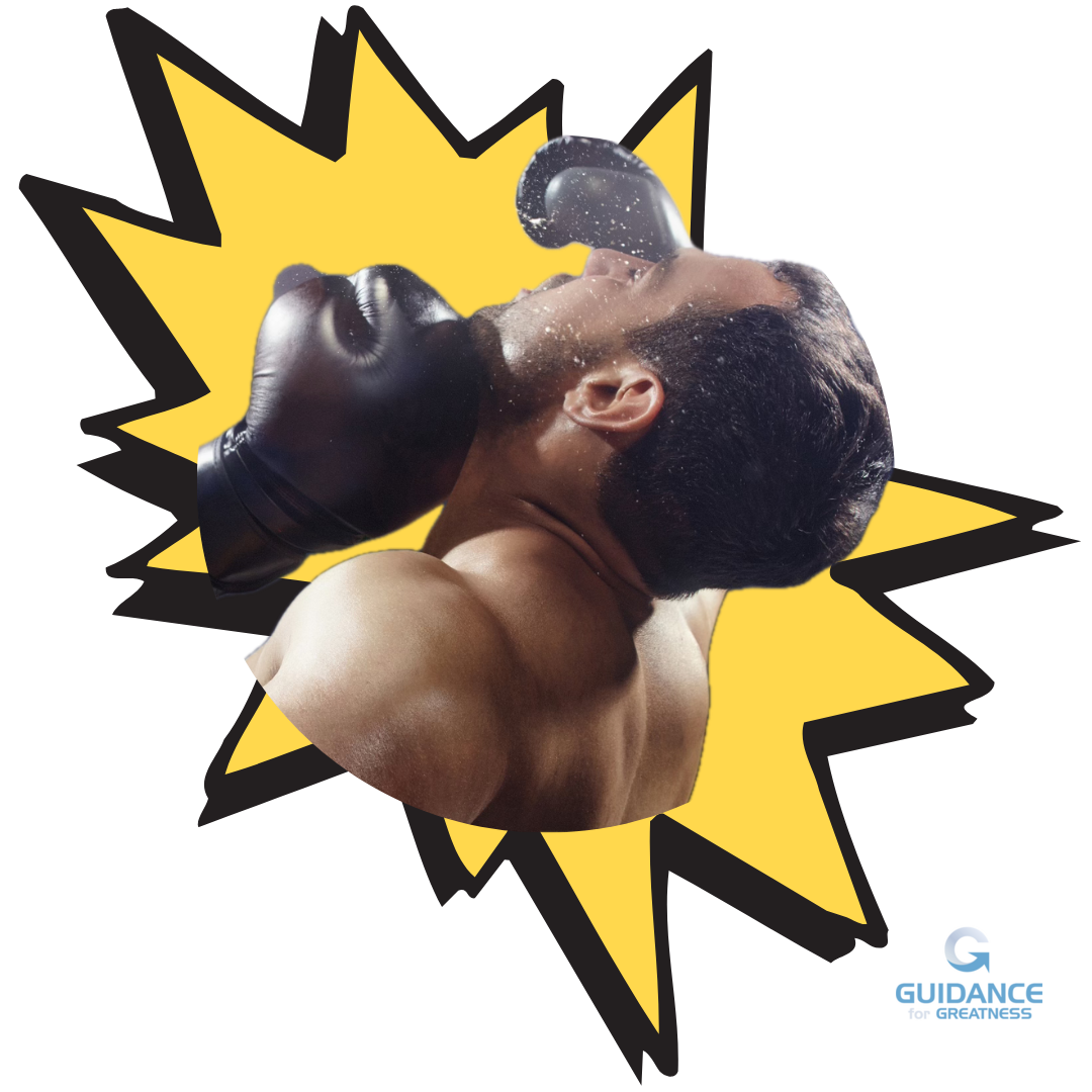 Circular cutout photo of white man’s head jerking backward as a disembodied boxing glove connects with his chin. In the background is a yellow cartoon starburst outlined in thick black lines.