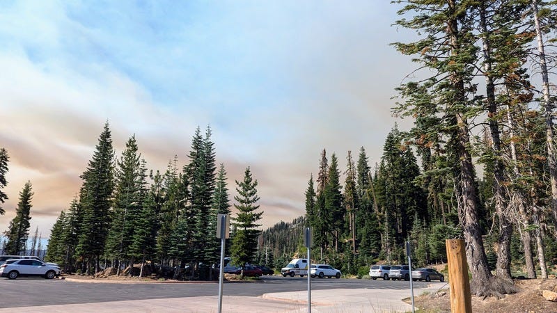 Smoke clouds on the horizon behind evergreen trees and a parking lot