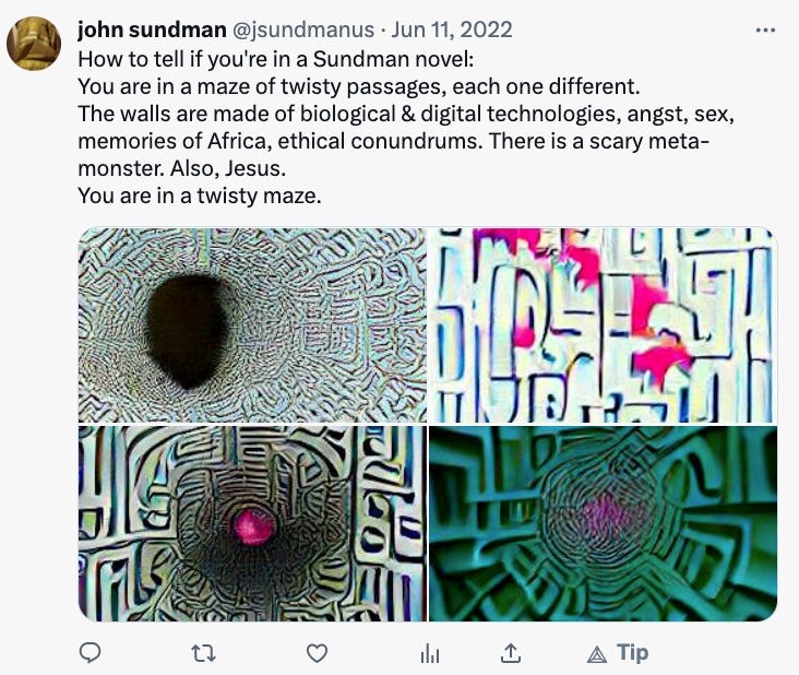 Screen cap of a tweet I made June 11, 29-022. Above 4 creepy images generated by DALL-E, the words "How to tell if you're in a Sundman novel:  You are in a maze of twisty passages, each one different. The walls are made of biological & digital technologies, angst, sex, memories of Africa, ethical conundrums. There is a scary meta-monster. Also, Jesus.  You are in a twisty maze."