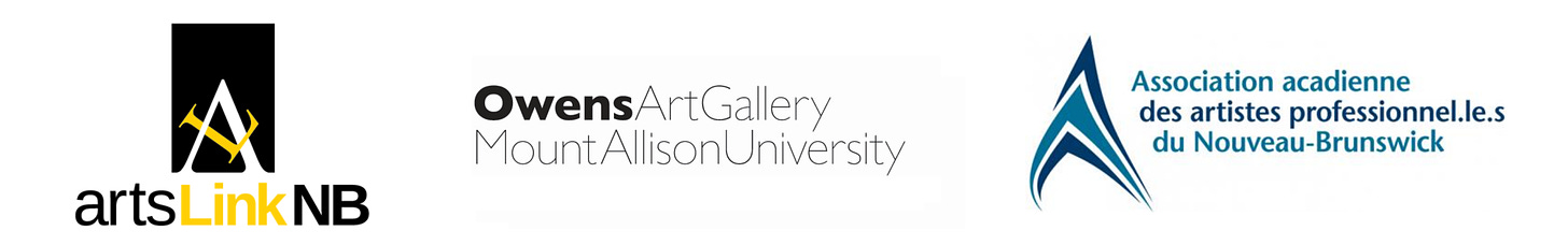 Logos of Arts Link NB, the Owens Art Gallery at Mount Allison University, and the Association acadienne des artistes professionnel.le.s du Nouveau-Brunswick.