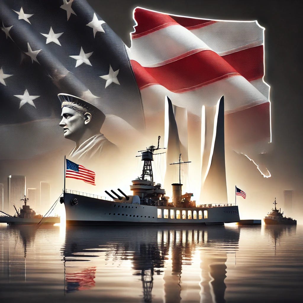 A powerful and solemn visual to honor Pearl Harbor Day, featuring an American flag gently waving in the background with the USS Arizona Memorial subtly illuminated in soft morning light. The scene includes a Nevada state outline subtly overlaid with a star and patriotic elements. The overall tone is reflective, dignified, and patriotic, emphasizing unity and remembrance.
