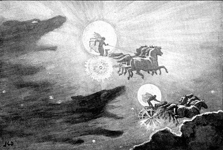 drawing of sol and mani being pursued by wolves. according to legend, if the wolves catch them, it will signal the beginning of the end of the world