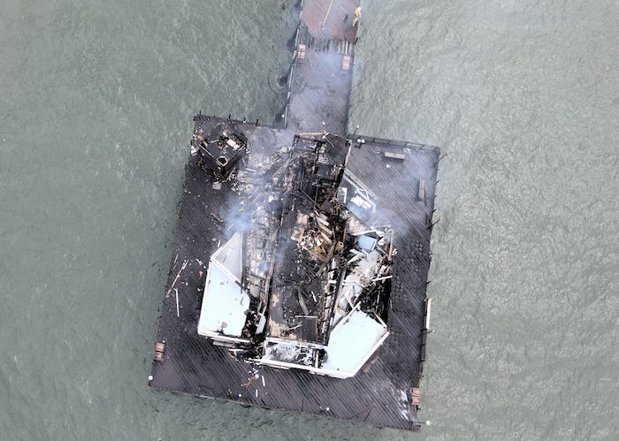 Firefighters responded to a massive blaze at the Oceanside Pier on Thursday. At the top is where crews “trenched” the pier in a defensive maneuver to prevent the spread of the blaze. Courtesy photo