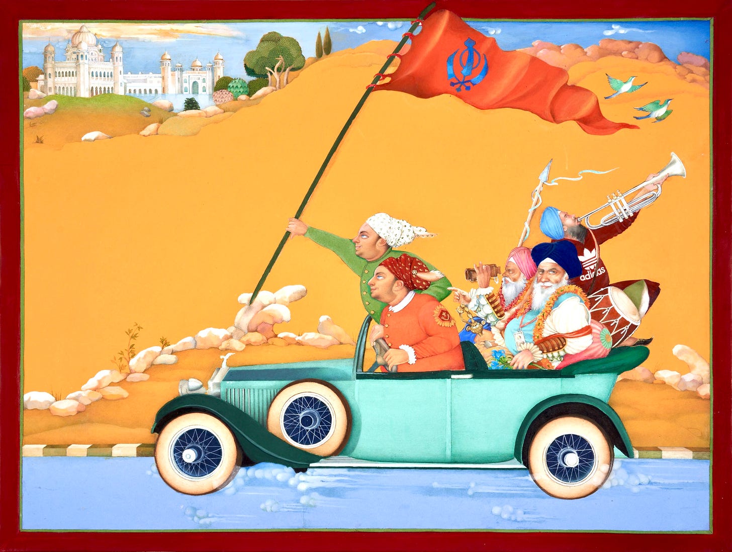 A painting of a five Sikh men in a convertable car