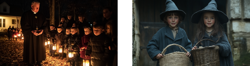 A split image: on the left, a priest in dark robes leads a group of children holding lanterns, standing outdoors at night, illuminated by the warm glow of their lights, creating a reverent and solemn scene. On the right, two young children dressed as witches with wide-brimmed hats and dark coats hold woven baskets, smiling slightly as they stand in front of a rustic background. The images together convey themes of tradition, Halloween, and community gathering with both serious and playful tones.