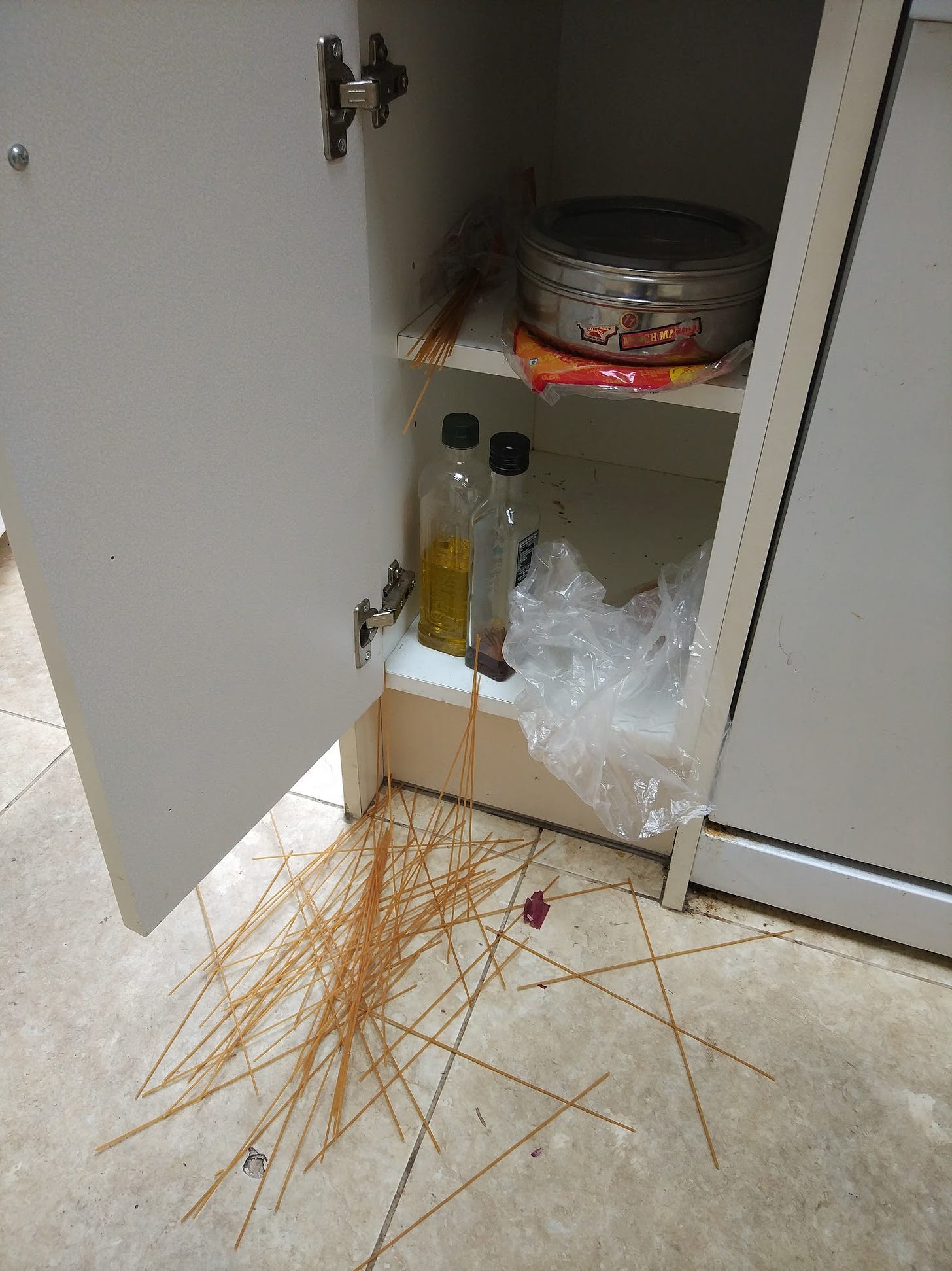 Yellow, Teflon-cut spaghetti falling out of a kitchen cupboard into a pile on the floor