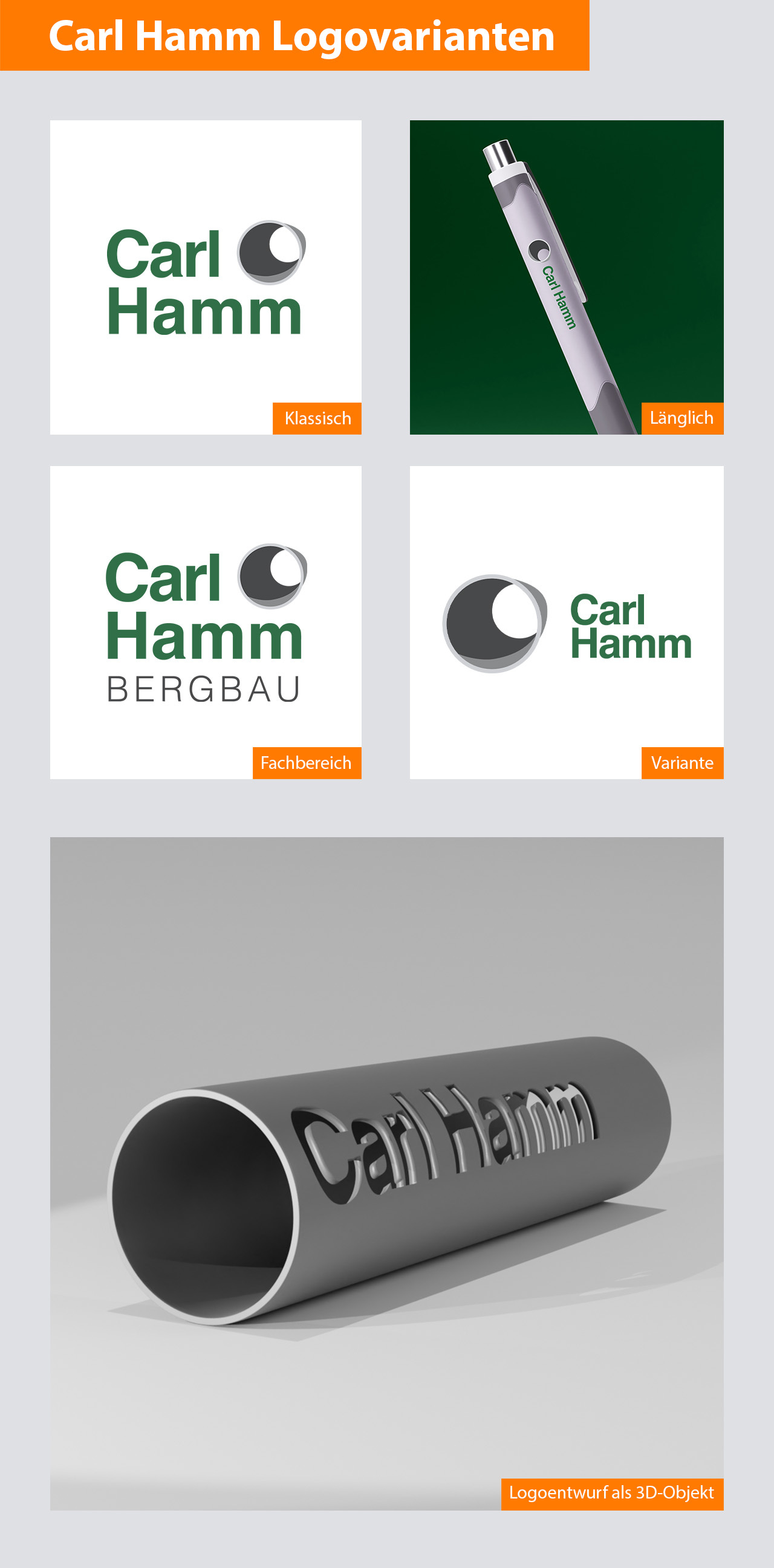 Vier Logovarianten für den Kunden und ein Entwurf des 3D-Logos
