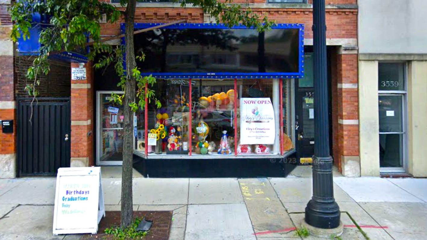 The storefront of Viry’s Creations balloon store in Chicago.