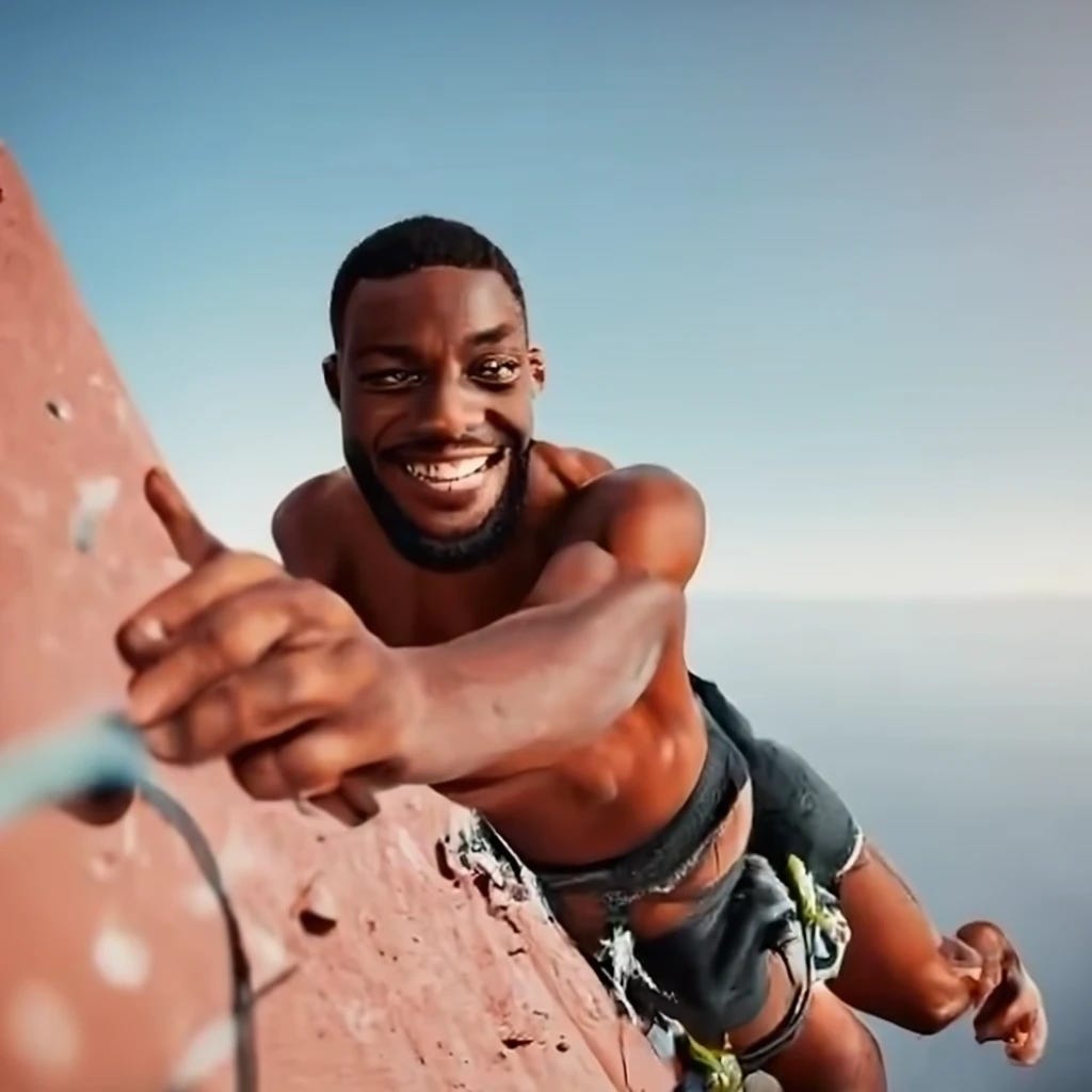 Black man smiling while rock climbing