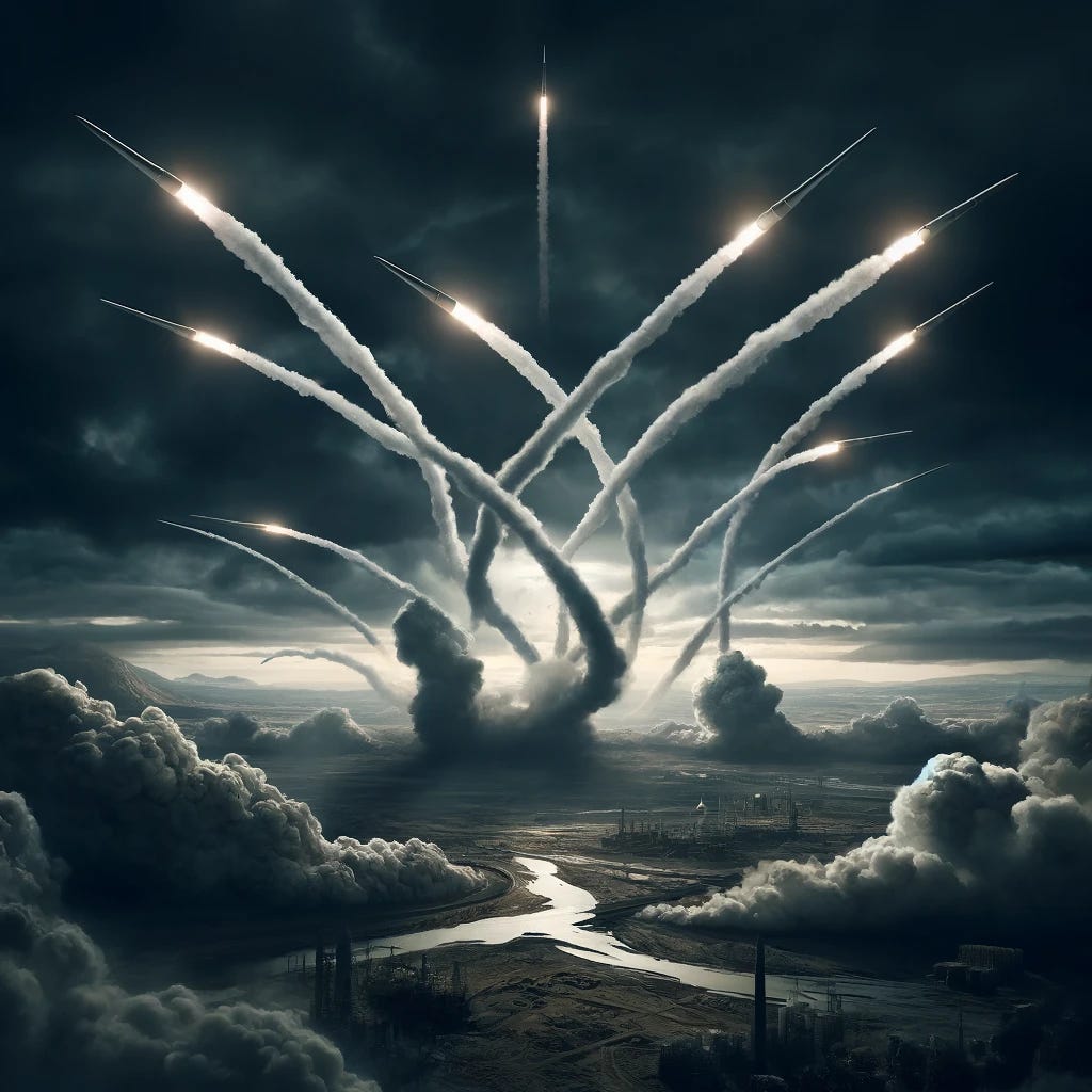 A realistic portrayal of a nuclear catastrophe with missiles crisscrossing in the air. The scene is set in a dark, ominous sky filled with thick, swirling clouds, casting shadows over the desolated landscape below. Several missiles, their trails vivid against the dark backdrop, intertwine as they ascend and descend, suggesting imminent destruction. The landscape below is barren, hinting at the aftermath of previous explosions with remnants of buildings and craters scattered across the terrain. The overall mood is tense and foreboding, capturing the essence of a world on the brink of destruction.
