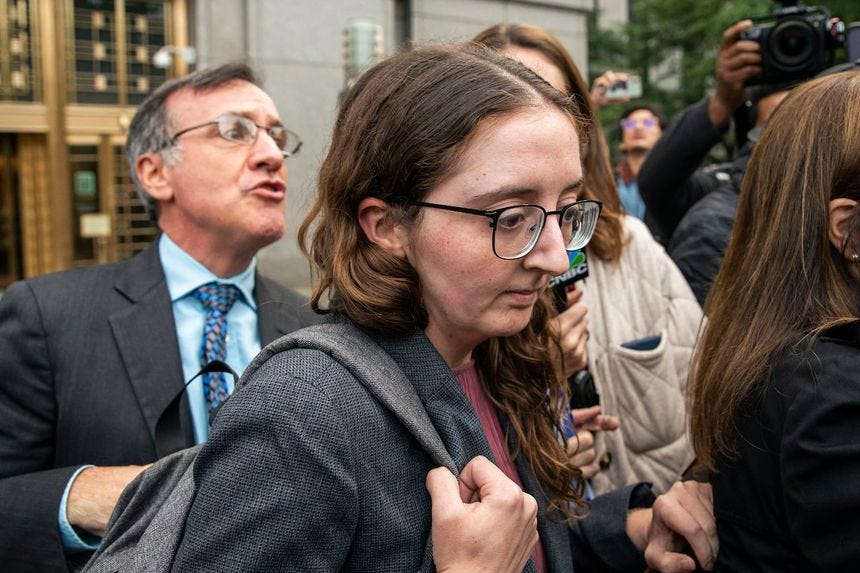 Caroline Ellison, former chief executive of Alameda Research, founded by Sam Bankman-Fried, exited the Manhattan federal court after testifying, Oct. 10, 2023, in New York.