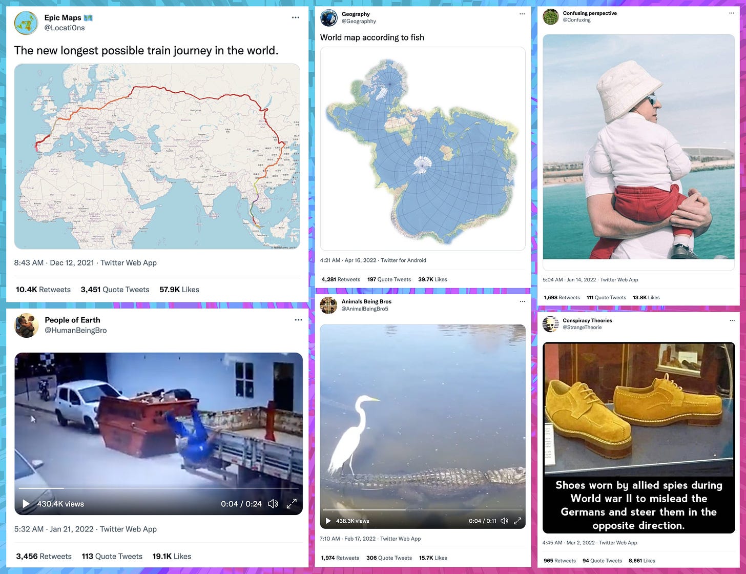screenshots of six viral image tweets from early 2022