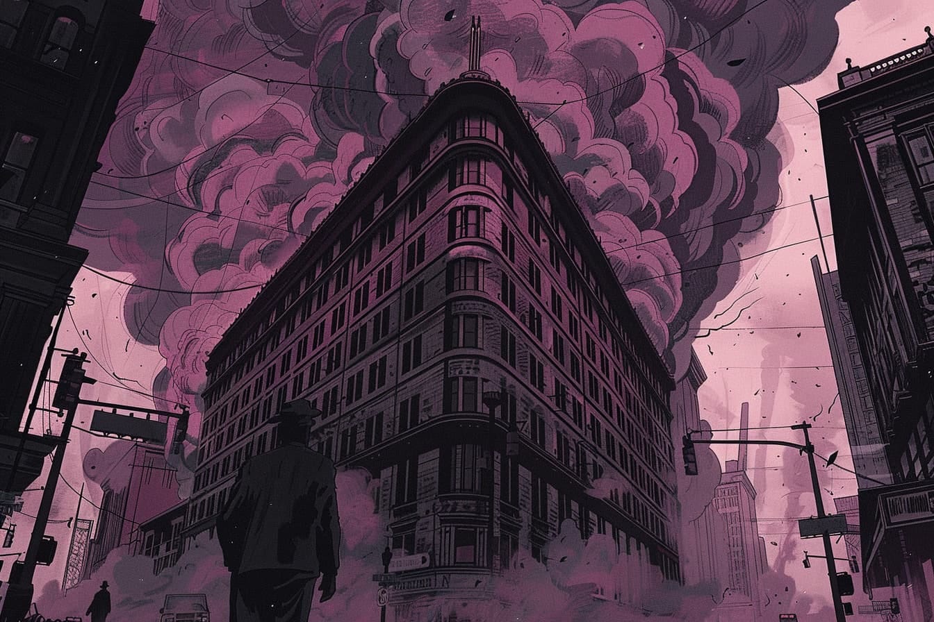 graphic novel of a dark and foreboding office building towering over a small town