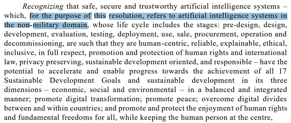 Snippet from the UN resolution on AI showing the context of the military domain exclusion