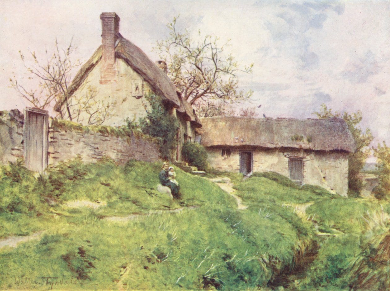 A painting of a thatched building with a low shed or barn. There is a wall on the left of the scene with a wooden gate in it. A person sits on the grass in front of the wall, with a small child on their knee.