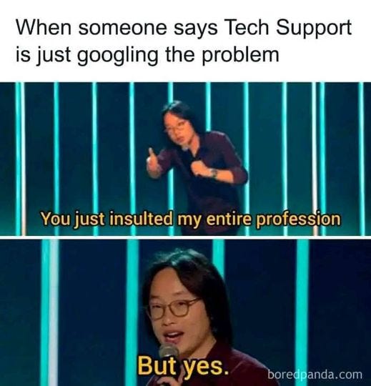 May be a meme of 2 people and text that says 'When someone says Tech Support is just googling the problem Yo just insulted my entire You But yes. boredpanda.com'