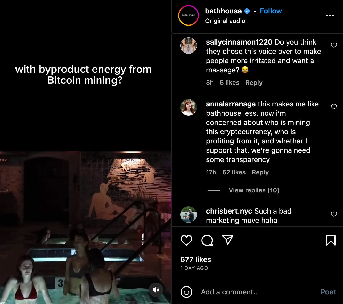 Screenshot from the Bathhouse Instagram post about heating their pools with Bitcoin mining, alongside comments like “Do you think they chose this voice over to make people more irritated and want a massage?” “his makes me like bathhouse less. now i’m concerned about who is mining this cryptocurrency, who is profiting from it, and whether I support that. we’re gonna need some transparency,” and “Such a bad marketing move haha”