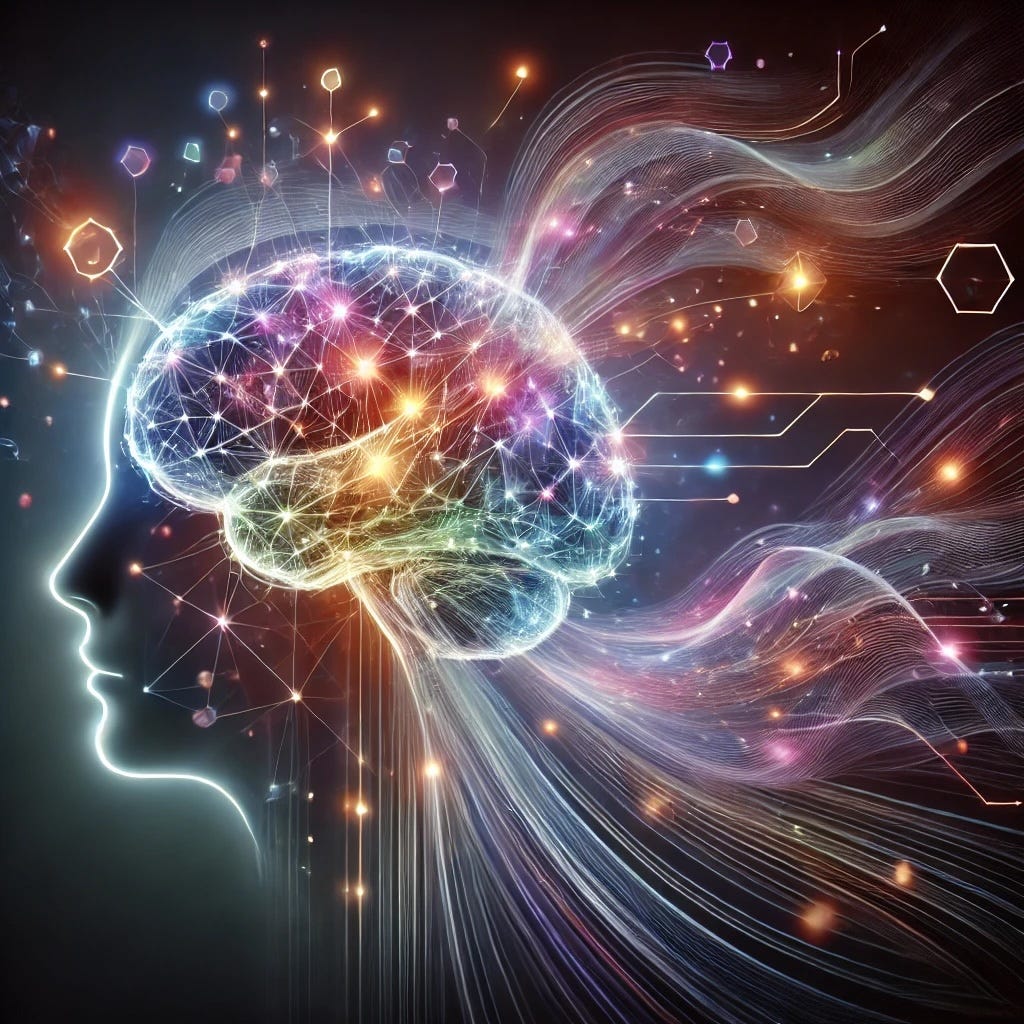 A vibrant digital illustration of a human brain viewed from the side, with colorful neural connections and glowing nodes representing synapses. The brain appears to be emitting bright streams of light and energy, creating a dynamic flow of information. The background is dark, accentuating the luminous, interconnected web of the brain's neural network, symbolizing advanced thinking, artificial intelligence, or complex cognitive processes.