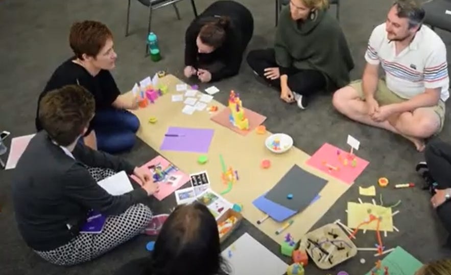A group of workchops participants sitting on the floor. They are arranged around a piece of butchers paper that has several artefacts crafted from many different materials. This could be a customer journey.