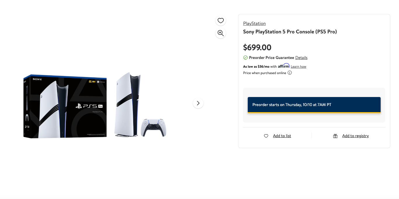 PS5 Pro pre-order page at Walmart