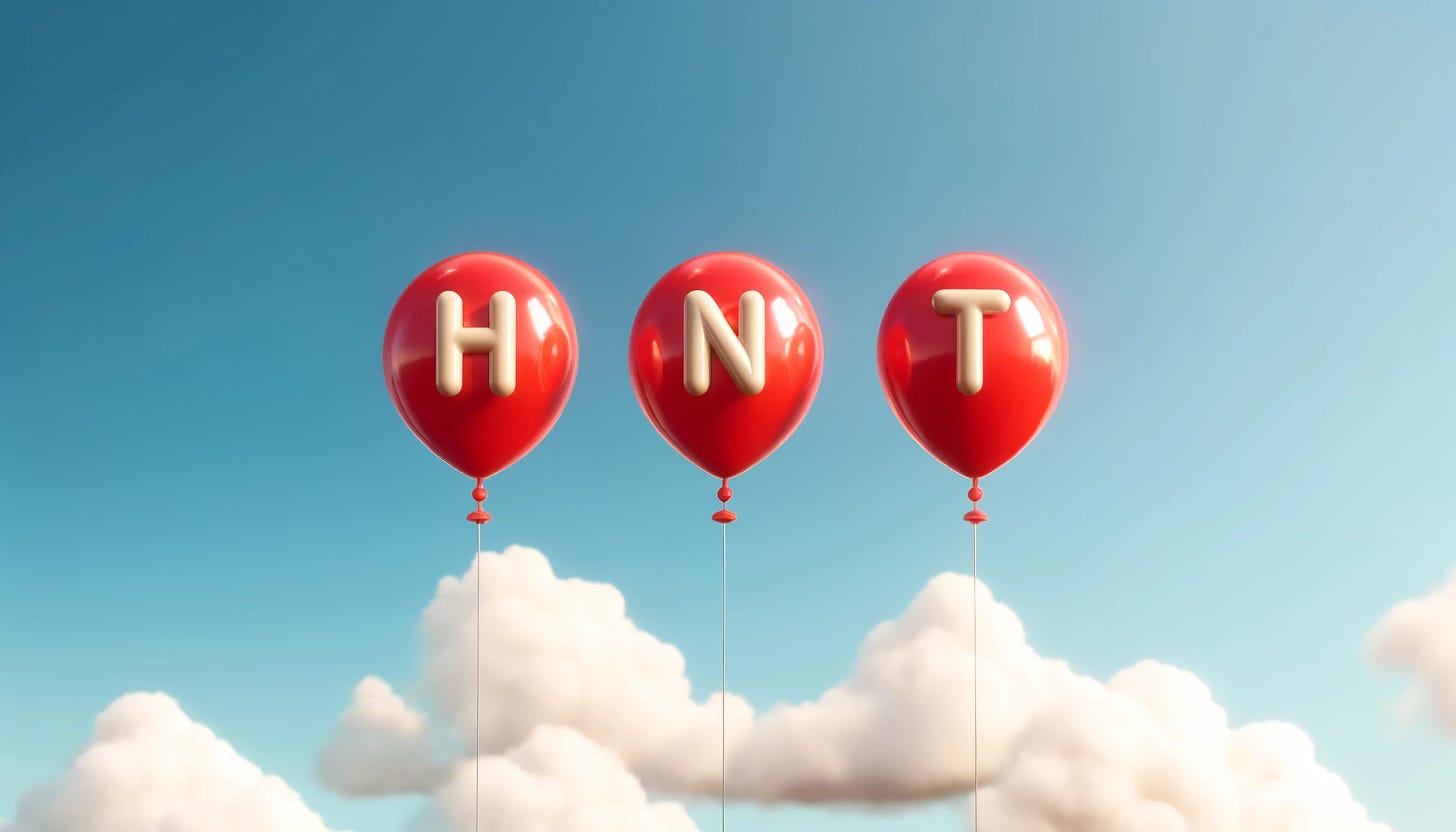 A simple and clean wide image featuring three red balloons floating in the sky. Each balloon has a letter on it, with the first balloon displaying 'H', the second 'N', and the third 'T', arranged in order. The balloons are glossy and vibrant against a clear blue sky with a few fluffy white clouds. The overall look is neat and visually appealing, emphasizing the letters on the balloons.