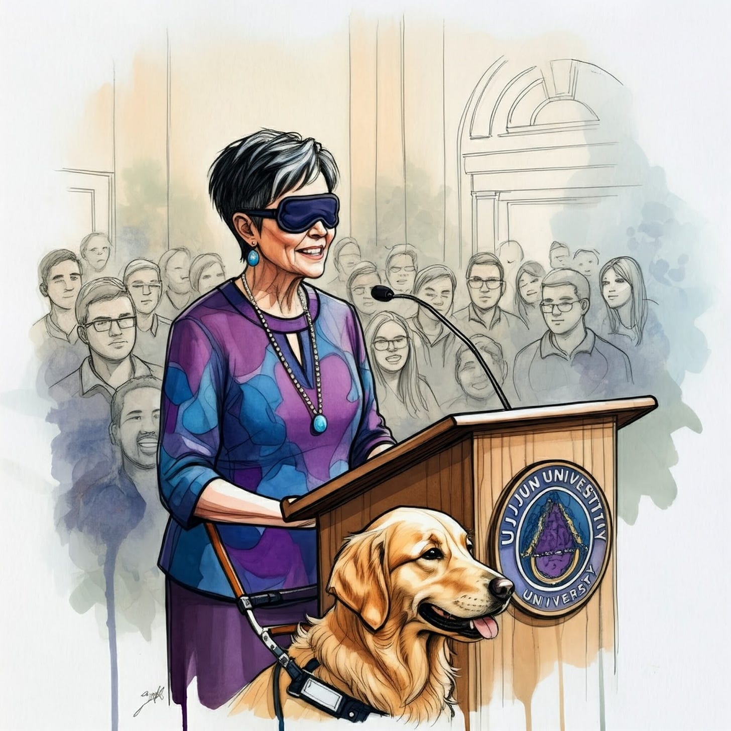 Image of Francoise LeBlanc at a podium speaking to students with her guide dog beside her Image of Francoise LeBlanc at a podium speaking to students with her guide dog beside her