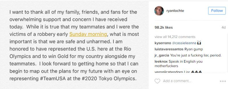 ryan lochte robbery claim on instagram