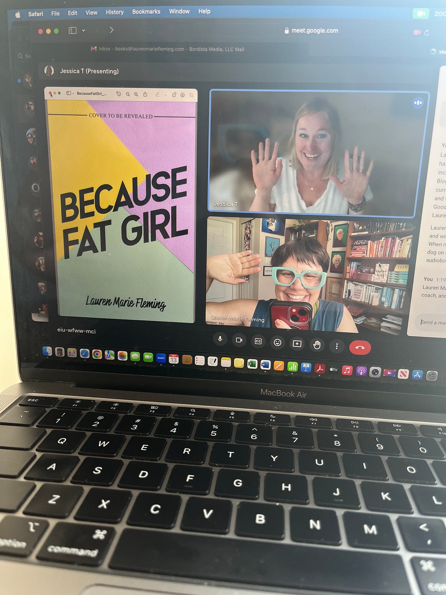 Two people on a zoom on the right, a white blond woman on top doing jax hands, and a brunette white woman on the bottom taking a photo of them. On the left, there is a brightly colored background of a book with "Because Fat Girl" laid over it by Lauren Marie Fleming. The background is geometric with yello, green, and purple tones.