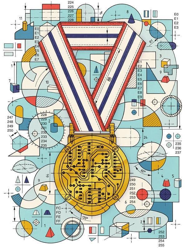 An illustration featuring a gold medal with a blue and white and red ribbon, with the medal covered in computer circuits, with colorful geometric shapes making up the background.