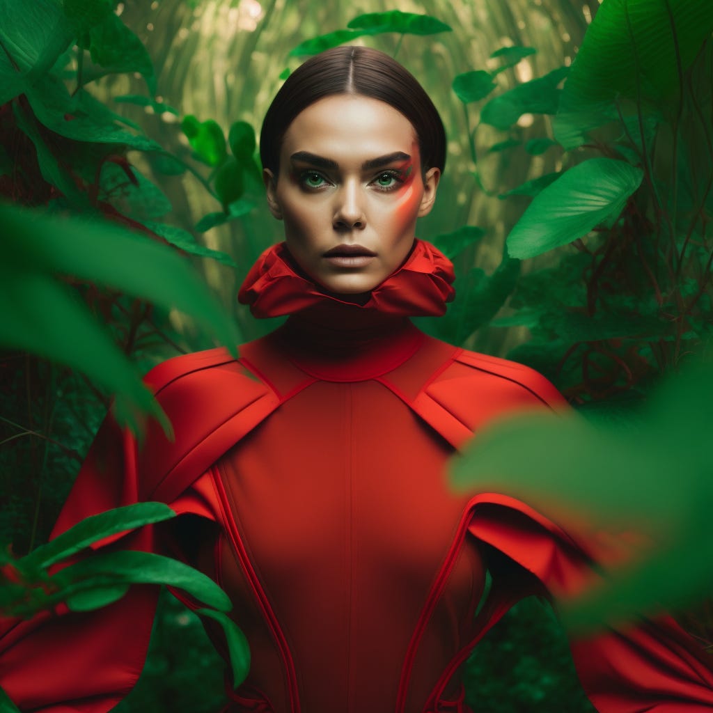 sci-fi expressive supermodel wearing minimalistic red clothes in green jungle, high fashion symmetrical medium shot portrait shoot, cinematic