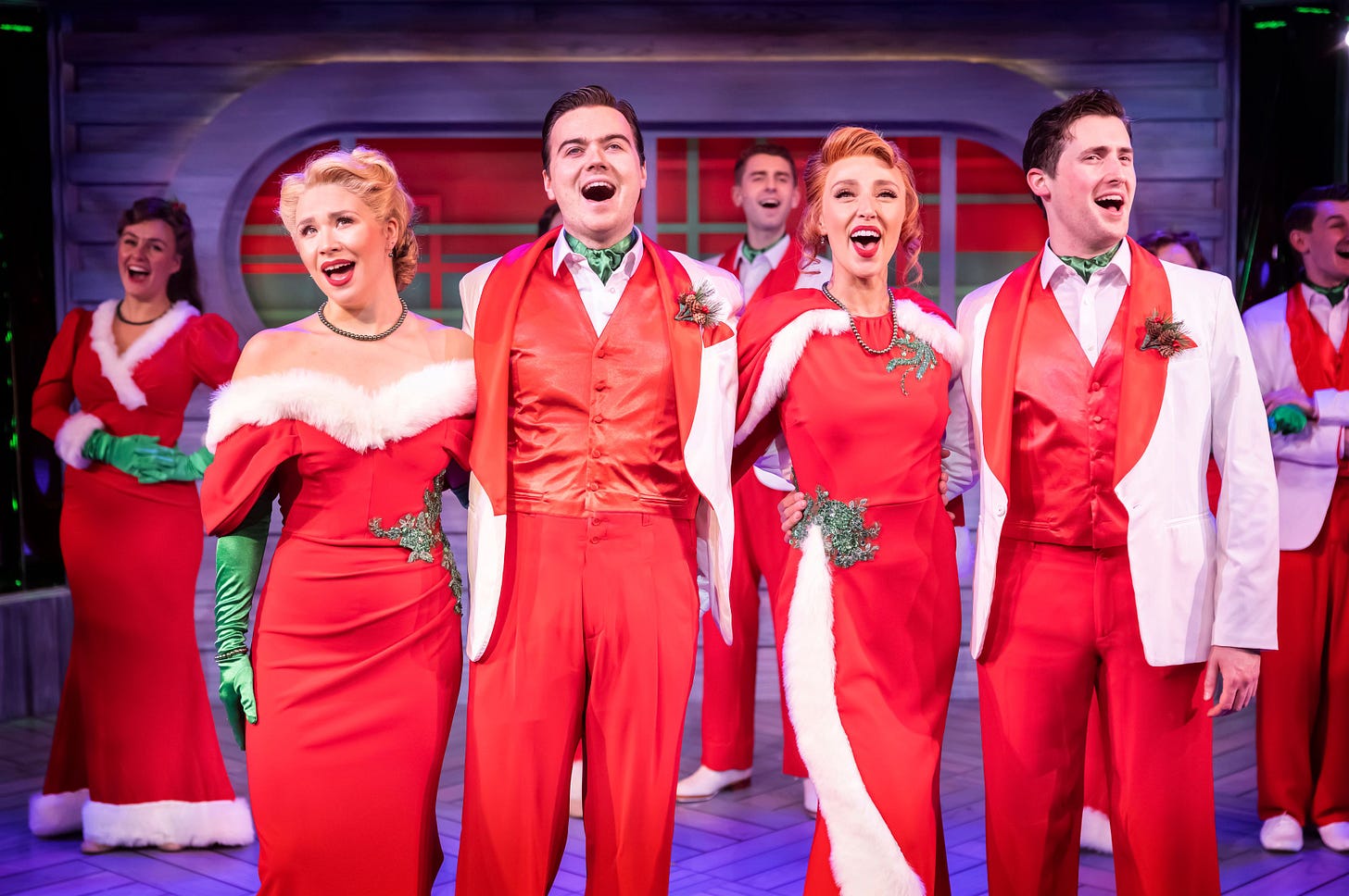 White Christmas 1 Nic Myers as Judy : Connor Hughes as Phil : Gabriella Williams as Betty : Jason Kajdi as Bob photo Pamela Raith Photography.jpg