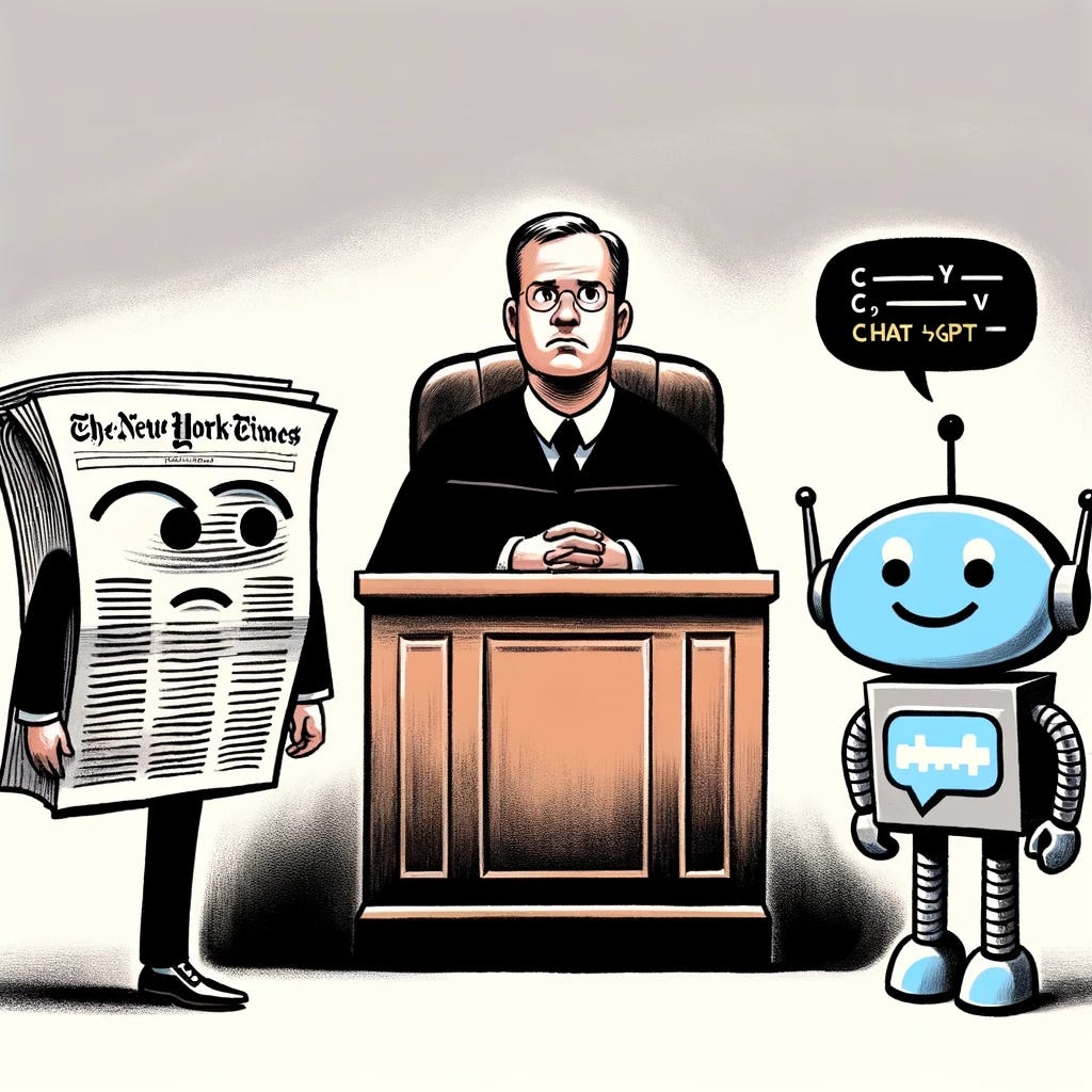 A cartoon of a judge presiding over a case between a New York Times newspaper character and a robot representing ChatGPT. The judge is shown in the center, looking serious and impartial. On one side, there's a character with the New York Times newspaper as its body, looking concerned. On the other side, a friendly-looking robot symbolizing ChatGPT, with a speech bubble showing lines of code. The courtroom setting is simplified but recognizable, with a focus on the humorous and symbolic representation of the lawsuit.