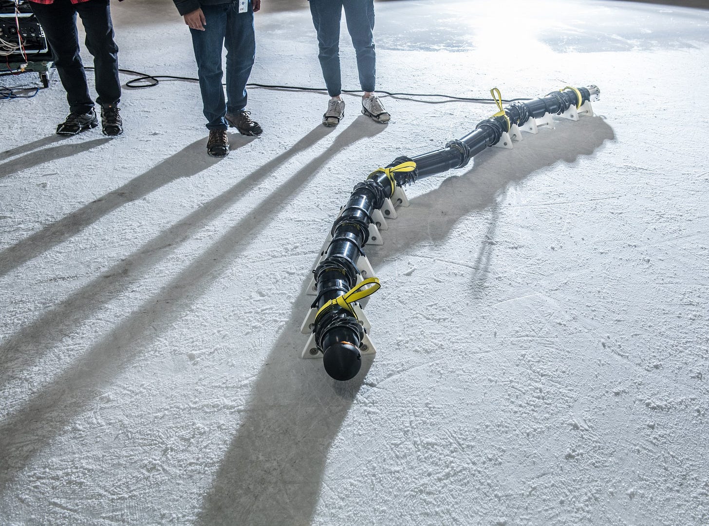 The first EELS prototype awaits testing at the Pasadena Ice Rink. Credit NASA/JPL-CalTech