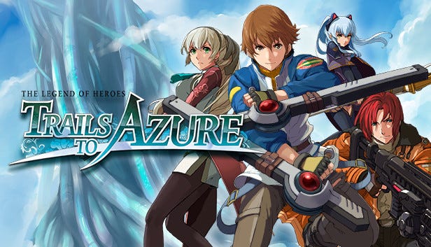 A promotional image for Trails to Azure, featuring the four primary party members: from left to right, Elie, Lloyd, Tio, and Randy.