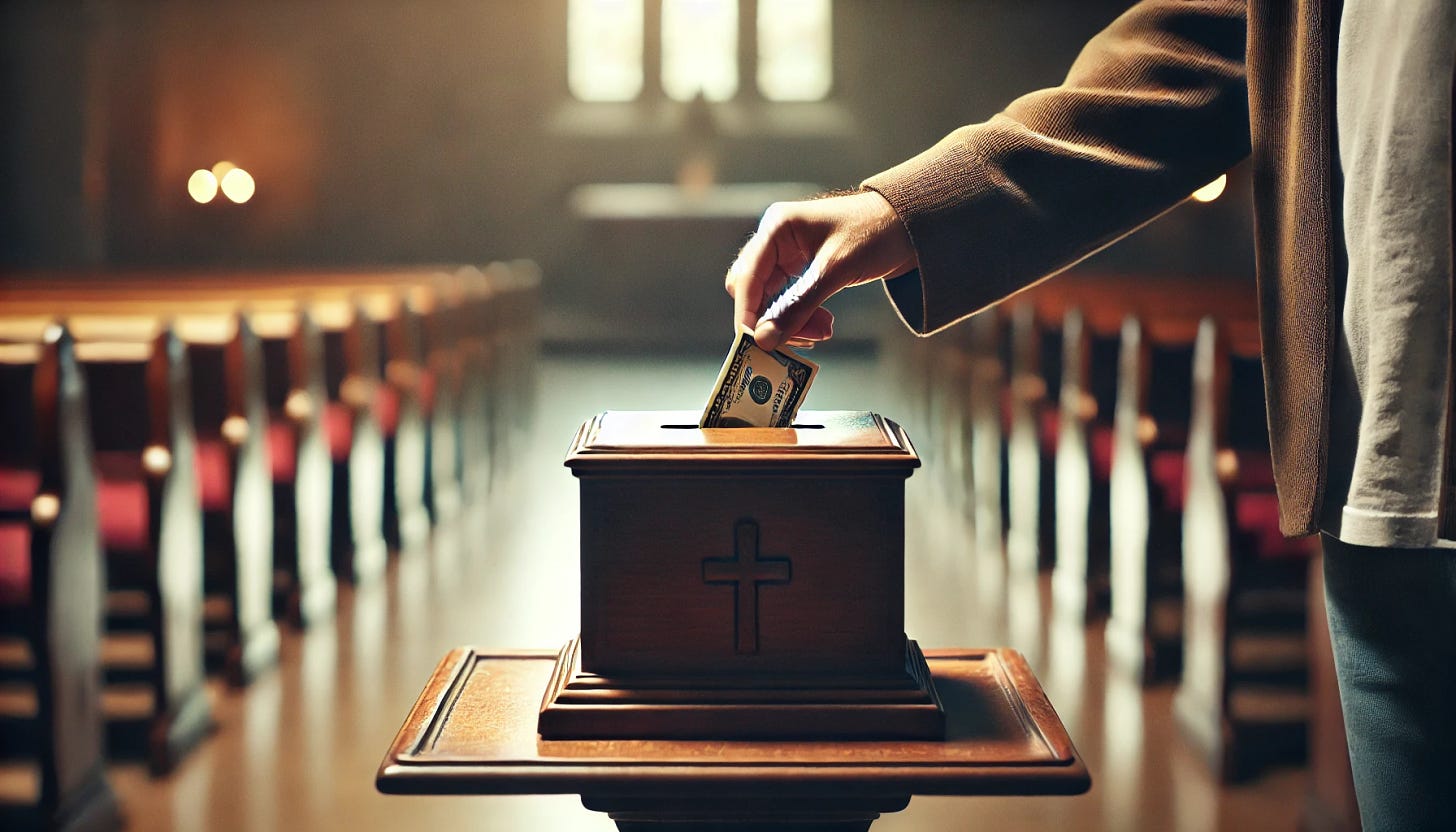 A widescreen, indoor scene of a person placing money into an offering box. The setting is inside a place of worship, with soft lighting creating a peaceful atmosphere. The offering box is simple, wooden, and slightly worn, sitting on a small pedestal. The person's hand, gently holding some bills or coins, is positioned above the box, ready to drop the money in. The person is shown from the side or slightly from behind, focusing on the action to emphasize a moment of quiet reflection or generosity.