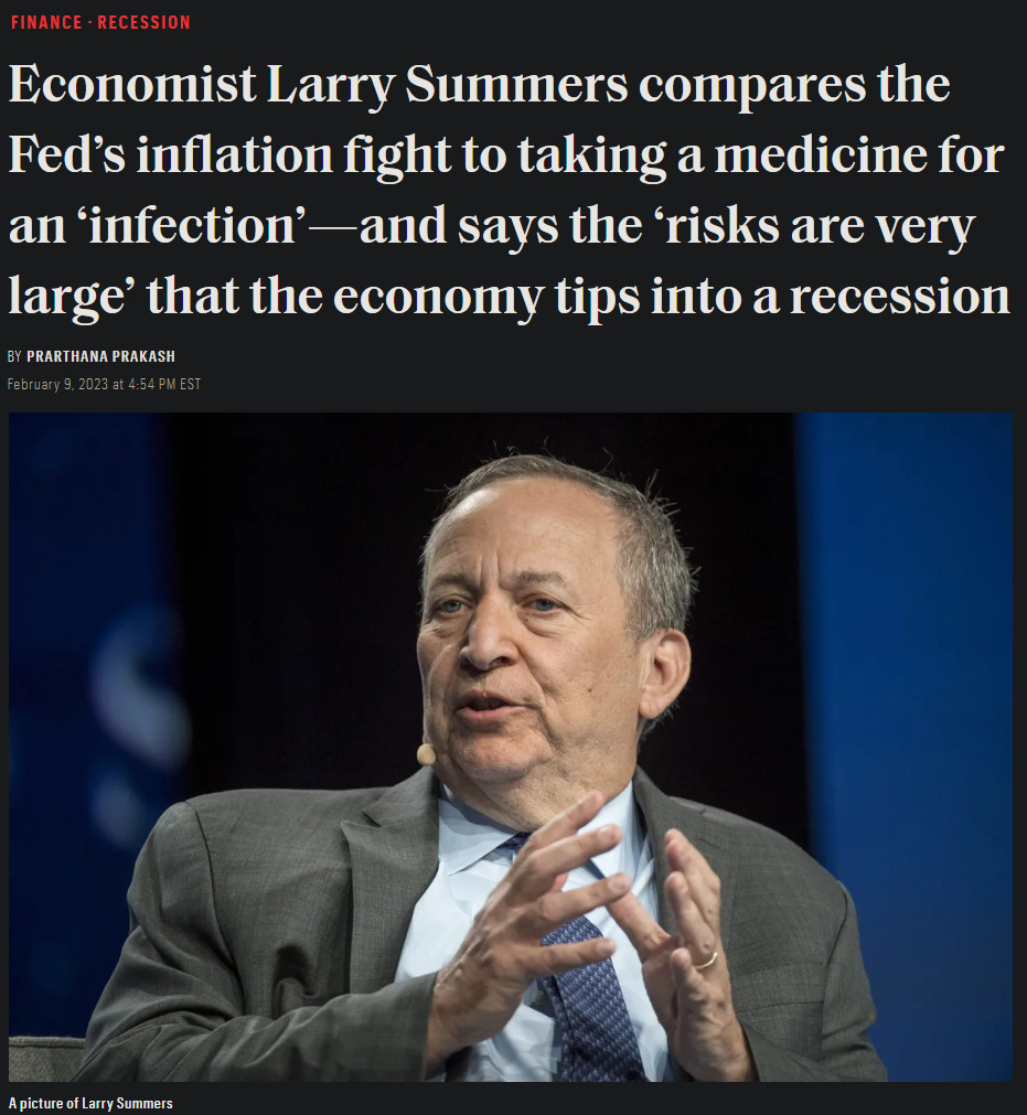 Economist Larry Summers compares the Fed’s inflation fight to taking a medicine for an ‘infection’—and says the ‘risks are very large’ that the economy tips into a recession https://fortune.com/2023/02/09/larry-summers-compares-inflation-to-infection-big-risks-recession/