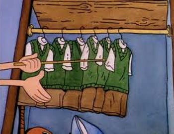 Screenshot from an episode of the cartoon Doug showing Doug's closet of 6 identical sets of his everyday outfit: a green sweater vest, white T-shirt, and brown shorts. 