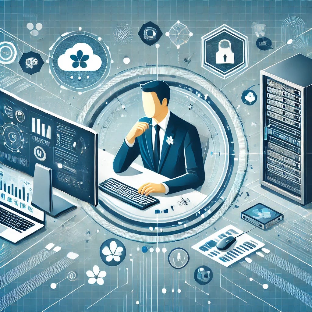 A professional and modern image representing an IT service provider. The design includes elements such as a computer monitor, cloud computing icons, a server rack, and digital connections symbolizing networking and IT services. A professional individual or team is depicted collaborating in a tech environment. The background features abstract, futuristic digital patterns with shades of blue and white, conveying innovation, reliability, and technical expertise.