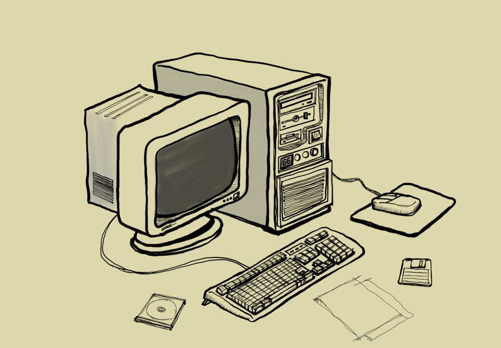 Ilustração de um típico computador dos anos 90: monitor, torre, teclado e mouse