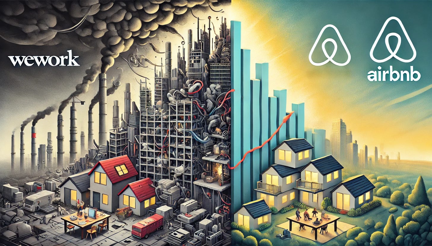 A split-frame illustration contrasting two companies. On one side, depict WeWork's chaotic growth with numerous unfinished skyscrapers under construction and bustling construction sites, representing rapid expansion. Highlight dark clouds and an unstable foundation to emphasize risk. On the other side, show Airbnb's scaling approach with a calm and balanced scene: interconnected homes glowing warmly, symbolizing efficient use of existing resources and trust. The central theme shows a rising graph with 'Growth vs Scaling' in bold at the top. The color palette transitions from chaotic reds and greys on WeWork's side to serene blues and greens on Airbnb's side, signifying stability and harmony.