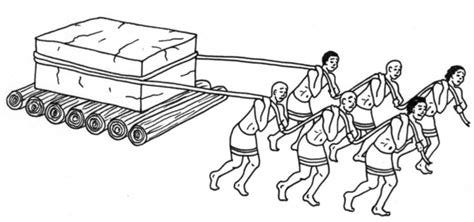 Illustration of ancient Egyptian workers moving a large stone block on log rollers.