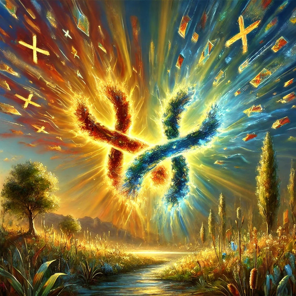 A symbolic oil painting depicting two glowing, interlinked chromosomes (XX and XY) as vibrant, radiant forms floating in a serene natural setting. The chromosomes are surrounded by a protective, golden aura, symbolizing permanence and biological foundations. In the background, fragmented, abstract shapes in cool, muted tones dissolve into the distance, representing the critique of transient ideologies. The scene features a blend of warm earthy tones for stability, with expressive strokes and a rich color palette of golds, greens, and blues, creating a balance of nature and abstraction.