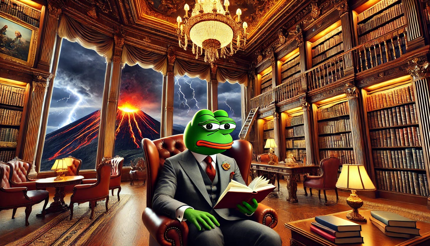 A cool-looking Pepe the Frog character wearing a suit, reading a book in an opulent library positioned at the top of a mountain. The library has luxurious, richly decorated interiors with ornate wooden bookshelves filled with books, plush leather chairs, and a large chandelier hanging from the ceiling. The room features large glass windows that show a crazy storm and a volcanic eruption in the background, with dark clouds, lightning, and lava flowing. Despite the chaos outside, the atmosphere inside the library remains serene and majestic, with warm lighting illuminating Pepe as he enjoys his book.