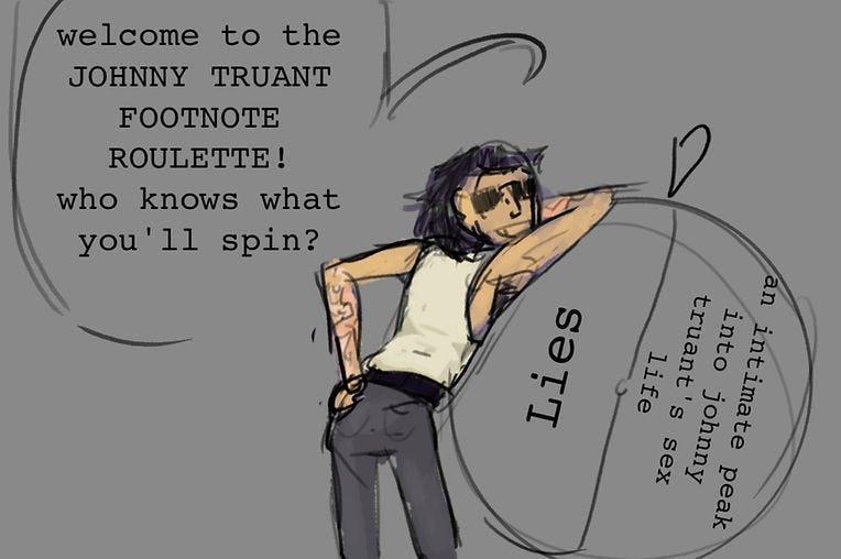 Johnny Truant leaning on a roulette wheel, saying “Welcome to Johnny Truant’s Footnote Roulette! who knows what you’ll spin? The wheel is divided in half, one half reading “lies” and the other “an intimate peak into johnny truant’s sex life”