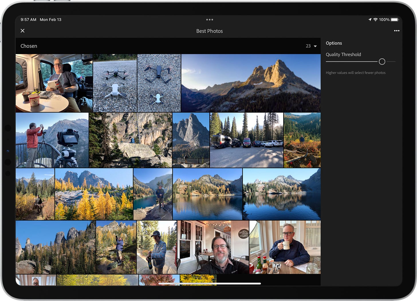 Screenshot of Lightroom for iPad showing a grid of photos that are the result of the Choose Best Photos feature.